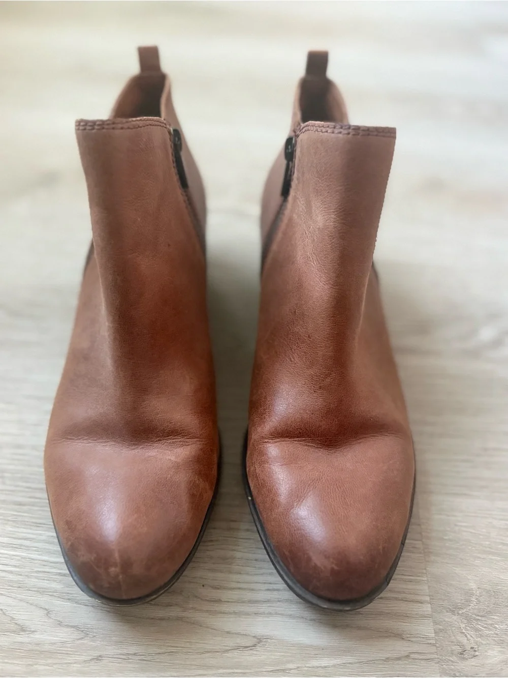 Lucky Brand Basel Leather Ankle Booties Toffee Brown Double Zip Low Block Heel